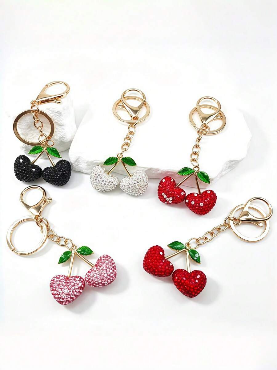Hot-Selling New DIY Handmade Cute 3D Rhinestone Heart Cherry Keychain, Creative Rhinestone Cherry Car Key & Backpack Pendant, Mother's Day Gift For Girlfriend, Bag Decoration Charm, Holiday Creative Gift, Event Favor, Suitable For Daily Use - Multicolor - View 1