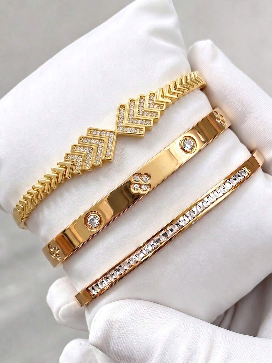 3-delat stapelbart armbandset med sicksackmönster, lagerbara armband i blandad bredd för kvinnor, modeaccessoar - Guld - Visa 1