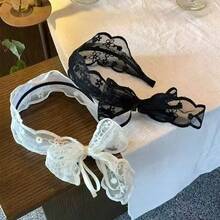 1pc Lace Bow Headband, French Mesh Bow Lace Wide Band Headband Women Pastoral Style Ribbon Headpiece Premium Hair Accessory - Multicolor - View 2