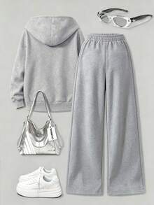 2pcs/Set Zip-Up Hoodie & Wide Leg Pants Set For Girls, 23 Print Zip-Up Hoodie + Wide Leg Sweatpants Matching Outfit, Autumn/Winter Set, Campus Style, Homecoming Outfit - Grey - View 3