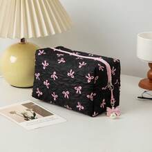 Cute Bow & Heart Pattern Wrist Makeup Bag, Large Capacity Cosmetic Storage Travel Makeup Bag, Elegant Gold Hardware (Black/White/Pink), Perfect Gift - Multicolor - View 16