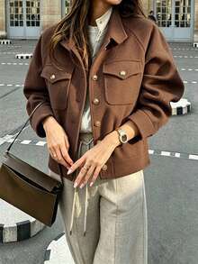 Autumn/Winter New Deep Coffee Color Stand Collar Raglan Sleeve Metal Button Double Pocket Short Jacket Casual Elegant Commute Style Vacation Daily Office Travel Date - Brown - View 2