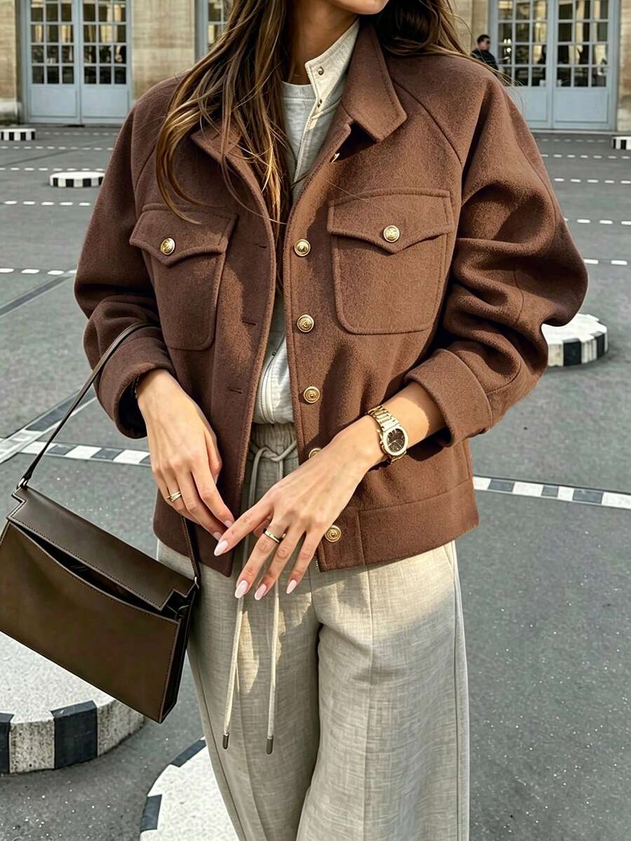 Autumn/Winter New Deep Coffee Color Stand Collar Raglan Sleeve Metal Button Double Pocket Short Jacket Casual Elegant Commute Style Vacation Daily Office Travel Date