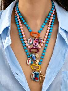 1/3pcs Summer Ocean Style Layered Beaded Pendant Necklace For Women, Multi-Layer Colorful Beads Choker, Fish Shell Enamel Pendant, Vacation Statement Jewelry - Multicolor - View 15