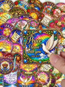 50Pcs Aesthetic Stained‑Glass Bible Text Stickers, Christian Faith Religious Quote Waterproof Decals, Colorful Decor Stickers For Journal, Scrapbook, Water Bottle, Laptop - Multicolor - View 2