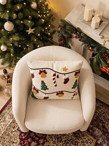 Cirelle 1pc Christmas Tufted Embroidered Pillow Case, 18x18 Inch Soft Plush Christmas Tree, Bell, Christmas Stocking, Candy Cane And Star Decorative Cushion Cover, Suitable For Sofa Bed, Holiday Home Decor, Without Insert - Beige - View 6