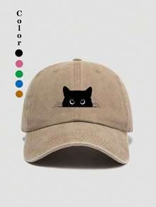1"Black Cat Print" Baseball Cap, Washed Baseball Hat, Outdoor Casual Sun Hat, Unisex - Black Cat Print - View 4