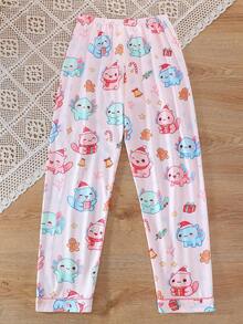 2pcs/Set Winter New Girls Pajamas, Cute Christmas Hexagonal Dragon All-Over Print Lapel Button Long Sleeve Top And Pants, Flame Retardant Comfortable Mid-To-Large Children Home Wear, Christmas Party Wearable Loungewear Set - Multicolor - View 10