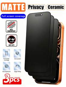 3pcs Matte Anti-Peeping Ceramic Screen Protector, Compatible With Phone 17 Pro , Flexible Matte Anti-Peeping Ceramic Film, Full Coverage, Anti-Fingerprint, Anti-Drop, Anti-Glare, Compatible With Phone 18 Pro/18 Pro Max/17 Pro Max/17Pro/17/16/16 Pro/15/14/13/12/11/XS And Other Models. - Black - View 9