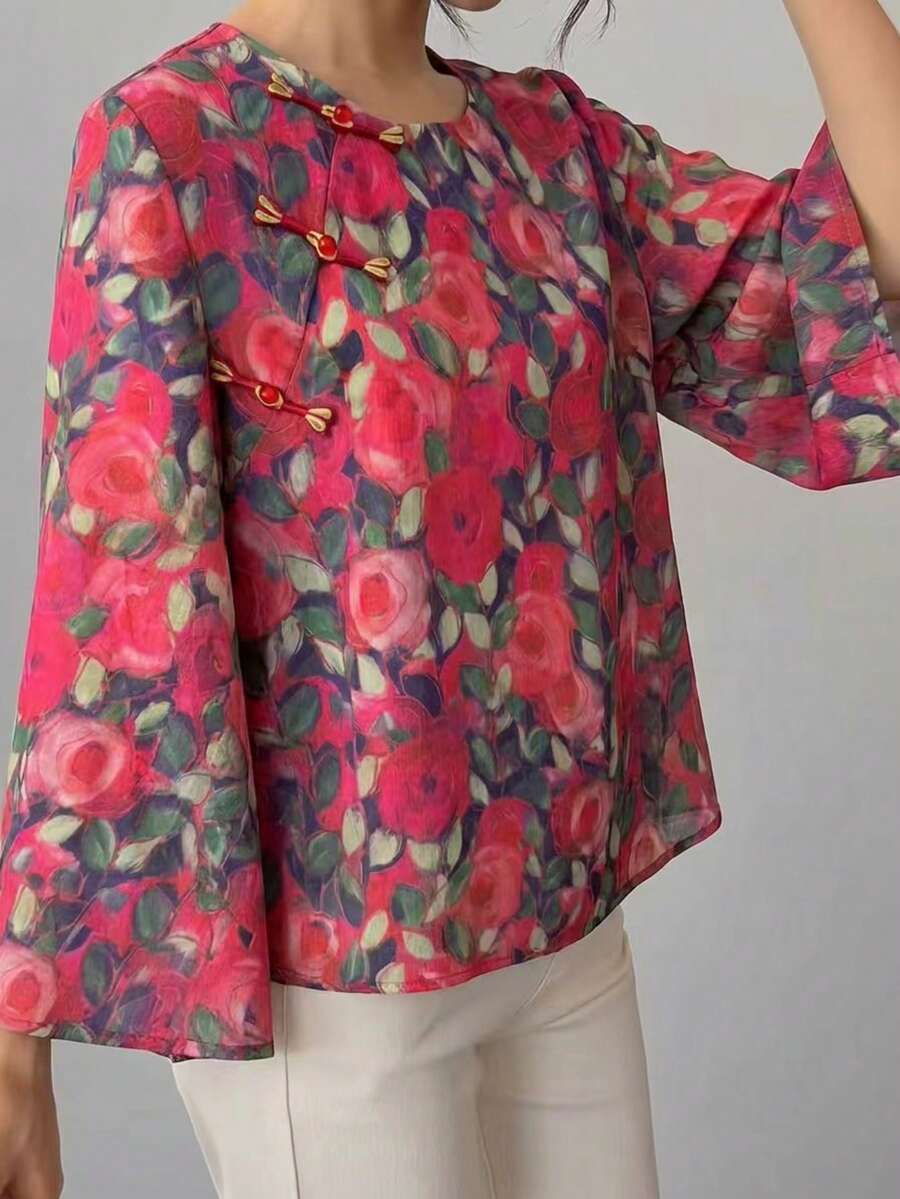 Spring/Autumn Women's Top Jacket, Chinese Style Rose Floral Print Round Neck Frog Button Long Sleeve Cheongsam Short Loose Fit Blouse With Bell Sleeves, Casual Fashion Elegant Hanfu - Hot Pink - View 1