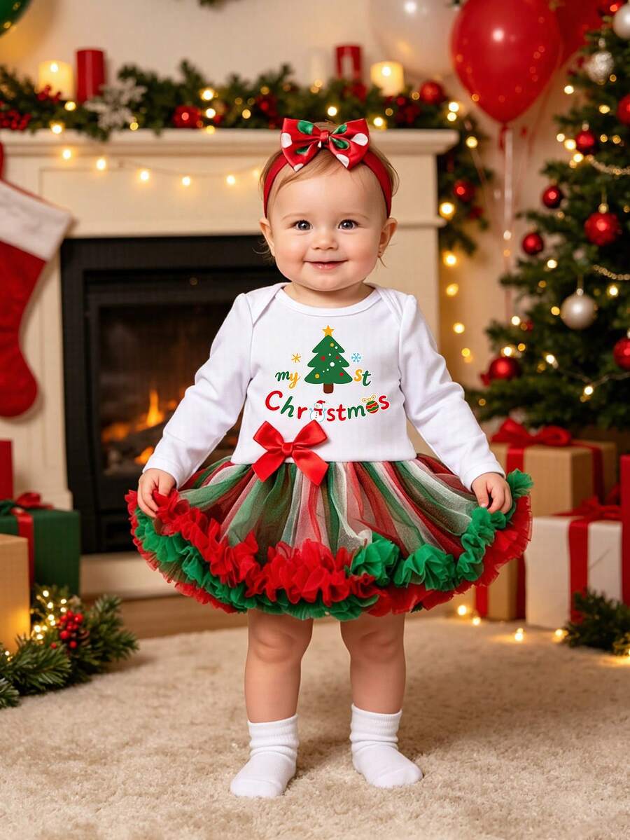 2pcs/Set Baby Girl Christmas Party Outfit Cartoon Christmas Tree Pattern Long Sleeve Romper Dress Fashionable Cute Infant Holiday Photo Outfit With Hair Accessory - White - View 1