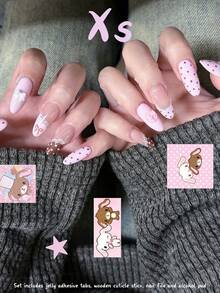 10pcs French Polka Dot Lace Sweet Rabbit Applique False Nails, Pink Brown Bow Cute Cartoon Style, Suitable For Wedding, Date, Party And Daily Wear, Each Piece Comes With 4pcs Tool Set: Jelly Glue, Nail File, Wooden Cuticle Pusher, Alcohol Cotton Pad - Hot Pink - View 7