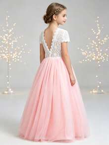 Tween Girl Colorblock Lace Contrast Mesh Backless Short Sleeve Dress Flower Girl Wedding Party Evening Gown - Pink - View 1