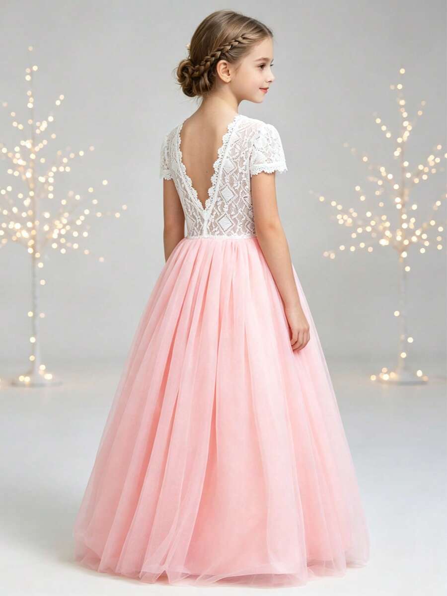 Tween Girl Colorblock Lace Contrast Mesh Backless Short Sleeve Dress Flower Girl Wedding Party Evening Gown - Pink - View 1