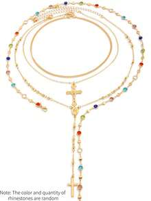 4pcs/Set Faux Gemstone Rhinestone Cross Necklace Set, Elegant Vintage, Daily Accessory For Women Summer Beach Dance Party Wear (Rhinestone Color Random) - Golden - View 8