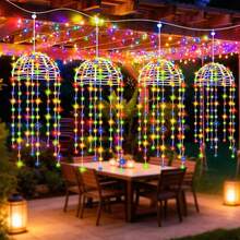 Solar Jellyfish‑Shaped Hanging Fairy Lights, Warm LED Tassel String Lamps, Waterproof Auto On/Off, Dreamy Pendant Lighting For Pergola, Patio, Gazebo And Garden Evening Decor - Rattan Ball - View 2