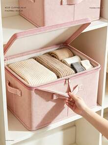 1pc Linen-Style Fabric Storage Box With Lid, Foldable Polyester Fiber Storage Bin With Reinforced Handles, Dust-Proof PE Lining Organizer Box For Clothes, Bedding, Miscellaneous Items, Closet Bedroom Home Storage Container - Multicolor - View 7