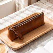 1pc Vintage Distressed Pencil Case, Minimalist Zipper Large Capacity Storage Bag, Artistic Student Office Leather Stationery Pouch - Z - View 6