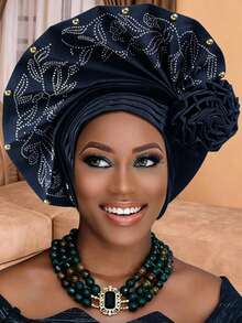 1pc Nigerian Pre-Molded Headscarf With Rhinestone Flowers, Muslim Retro Headdress For Weddings And Banquets. - Multicolor - View 9