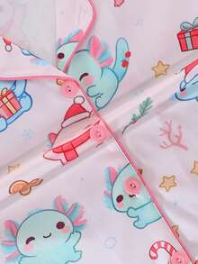 2pcs/Set Winter New Girls Pajamas, Cute Christmas Hexagonal Dragon All-Over Print Lapel Button Long Sleeve Top And Pants, Flame Retardant Comfortable Mid-To-Large Children Home Wear, Christmas Party Wearable Loungewear Set - Multicolor - View 7