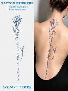 Herbal Juice Semi-Permanent Long Strip Back Spine Tattoo Sticker - Artistic Words & Floral Pattern, 7-12 Days No Fading, DIY Carnival Beach Party Holiday Gift, Arm & Thigh Waterproof Tattoo Sticker, 1pc - Blue - View 1