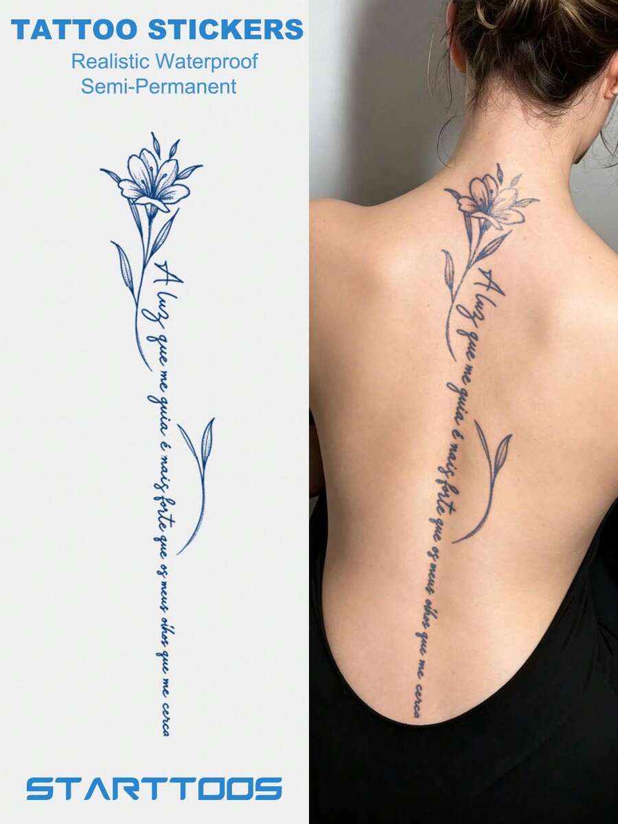 Herbal Juice Semi-Permanent Long Strip Back Spine Tattoo Sticker - Artistic Words & Floral Pattern, 7-12 Days No Fading, DIY Carnival Beach Party Holiday Gift, Arm & Thigh Waterproof Tattoo Sticker, 1pc - Blue - View 1