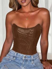 Women's Retro Strapless Sheer Mesh Corset Crop Top With Drawstring, Sexy Brown Summer - Brown - View 5