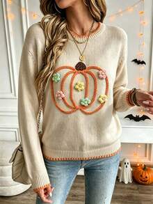 Sweater Rajut Leher Bulat Motif Bunga Kasual Blok Warna Ukuran Plus - Aprikot - View 8
