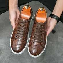 Men's Lace-Up Brown Crocodile Embossed Leather Sneakers With Clean Toe Shape, Well-Fitted Laces, Reinforced Perforations, Non-Slip Sole, Even Stitching, Suitable For Suits, Weddings, Banquets, Casual Wear - Brown - View 9