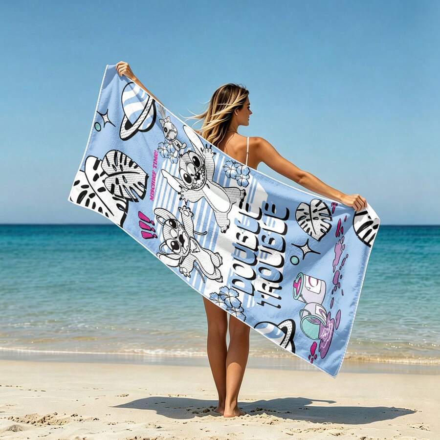 [Disney Official Licensed]1pc Stitch Cartoon Print Beach Towel, Ultra-Soft Microfiber Absorbent Large Bath Towel With Halloween Spooky And Hawaiian Tropical Patterns, Suitable For Beach, Pool, Vacation And Holiday Swimming - Multicolor - View 1