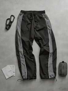 Men's Wrinkled Texture Nylon Drawstring Waist Loose Fit Jogger Casual Pants, Suitable For All Seasons - Black - View 5