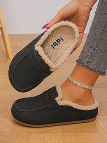 Women's Thermal Lined Loafer Mule Slippers, Faux Suede Closed-Toe Flat Warm Outdoor Thermal Slippers - Black - View 3