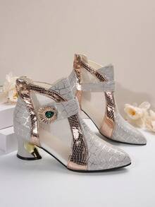 European Luxury Style Green Rhinestone Decor Mesh Patchwork Chunky Heel Ankle Boots, Spring/Summer New Pointed Toe Elegant Women's Boots For Skirts - Beige - View 3