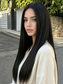 28 Inch Black Middle Part Long Straight Women's Wig, Elegant Straight Hair Wig, Natural Flow, Comfortable To Wear, Suitable For All Women's Daily Wear And Party Occasions,Halloween - Black - View 3