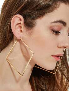 1pair Sexy & Exaggerated Metallic Geometric Square Hoop Earrings For Women - Gold - View 2
