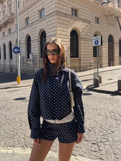 ZAHM 2026 Autumn/Winter Deep Blue & White Polka Dot Short Stand Collar Jacket With Drawstring Hem