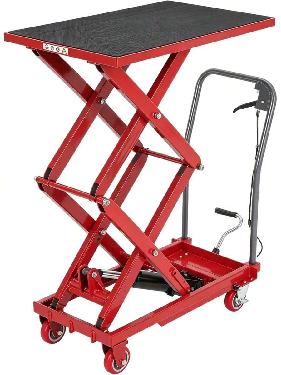 Hydraulic Lift Table Cart Double Scissor Elevating Platform Stand With Wheels For Material Handling Transportation In Warehouse Workshop, Heavy Duty Steel Loading Truck Station, Modern Style, Red - Red - View 1