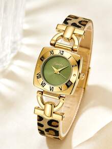 SUNLIFEX 1件女款小方盤復古石英手錶，金色合金錶殼，羅馬數字錶圈，馬蹄形裝飾，豹紋金屬網狀錶帶 - 綠色 - 查看 1