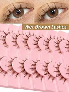 Sibeuna 9 Pairs Brown Wet-Look False Eyelashes, Transparent Band, Glossy Makeup Effect, Natural Style, Slender Design, Brown, Create Bright Eyes, Beginner Friendly, Magic Makeup Effect - Brown - View 1