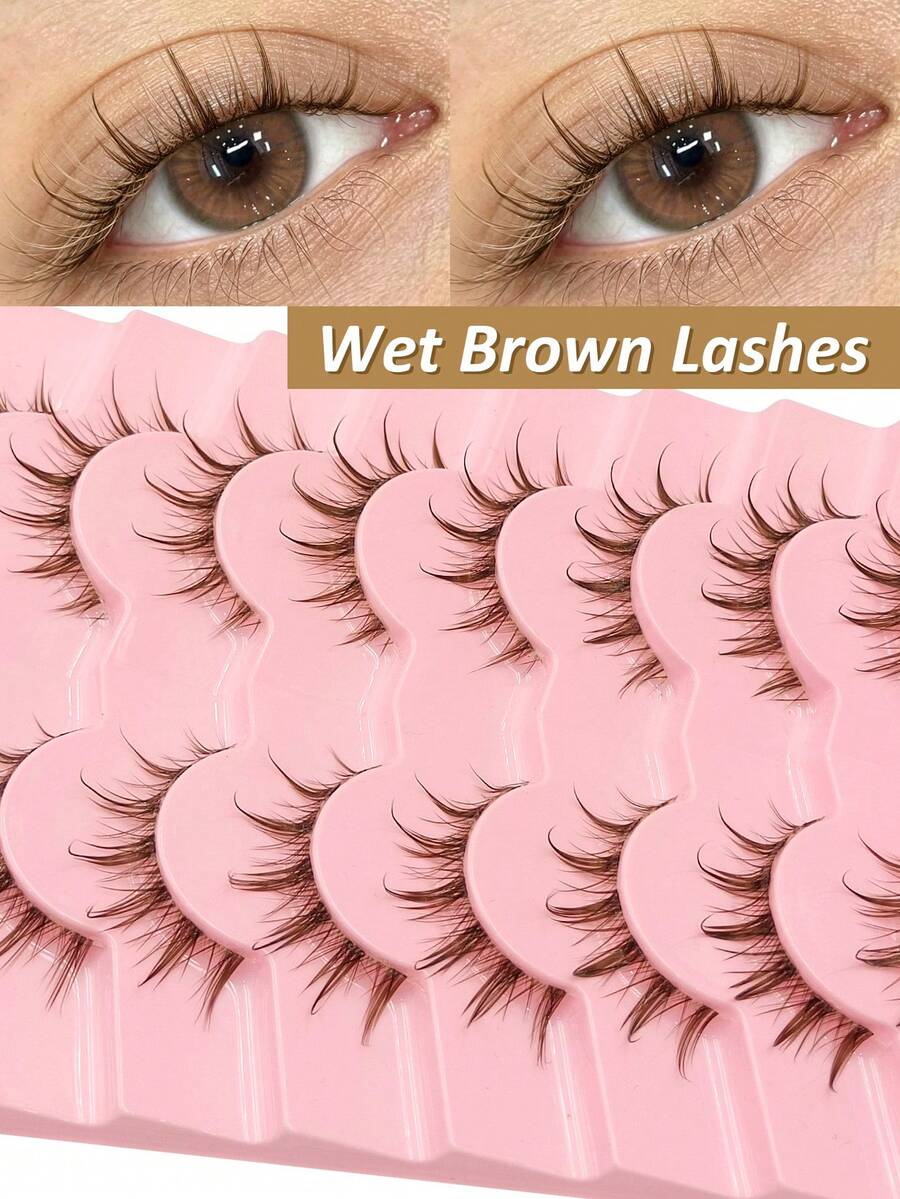 Sibeuna 9 Pairs Brown Wet-Look False Eyelashes, Transparent Band, Glossy Makeup Effect, Natural Style, Slender Design, Brown, Create Bright Eyes, Beginner Friendly, Magic Makeup Effect - Brown - View 1