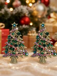 2pcs Colorful Rhinestone Christmas Tree Brooch Set, Versatile Lapel Accessory For Coat, Scarf, Backpack, Christmas Gift - A - View 2