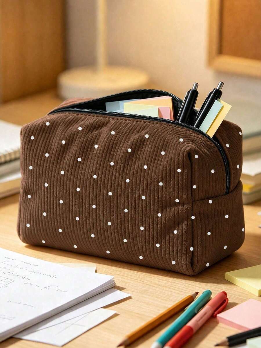 Campus Style Polka Dot Pencil Case/Stationery Storage Bag - Multi-Functional Large Capacity Design, Suitable For Storing Office Supplies, Creative Multi-Purpose Pen Box, Or Portable Travel Makeup Bag, Ideal For Students And Adults Daily Use. Stripe Direction And Polka Dot Density Random - Multicolor - View 1
