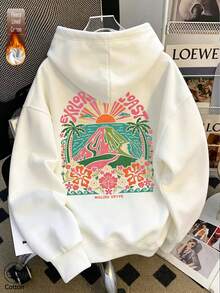 Women's Casual White Printed Sweatshirt, Coast And Floral Pattern, Long Drop Shoulder Pullover, Warm Fleece Lining, Suitable For Autumn Wear - White - View 10