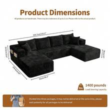Sofá modular de lujo con forma de U, de 147 pulgadas, convertible en cama, con tapizado de pana, para sala de estar, cine en casa, villa, apartamento y estudio. No requiere montaje. - Negro - Ver 7