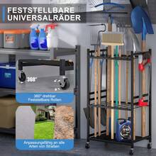 Gartengeräte-Organizer,Schuppenregal,Metall-Werkzeugständer mit Haken Vielseitiger, stabiler dreistufiger Besenständer mit Schwenkrädern Aufbewahrung von Gartengeräten, mobiler Werkzeugwagen für die Garage - Schwarz - Übersicht 5