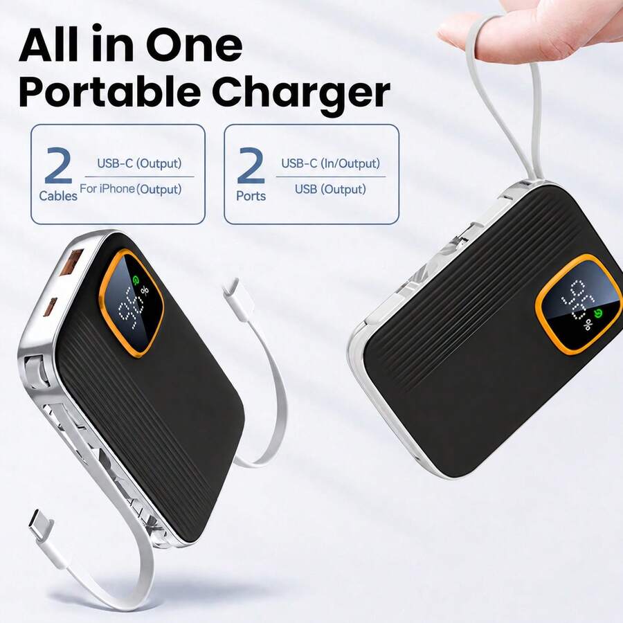 10000mAh Portable Fast Charging Power Bank With Built-In Cables, LED Digital Display, 4-Device Charging Travel Backup Battery - Black - View 1