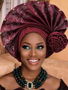 1pc Nigerian Pre-Molded Headscarf With Rhinestone Flowers, Muslim Retro Headdress For Weddings And Banquets. - Multicolor - View 7
