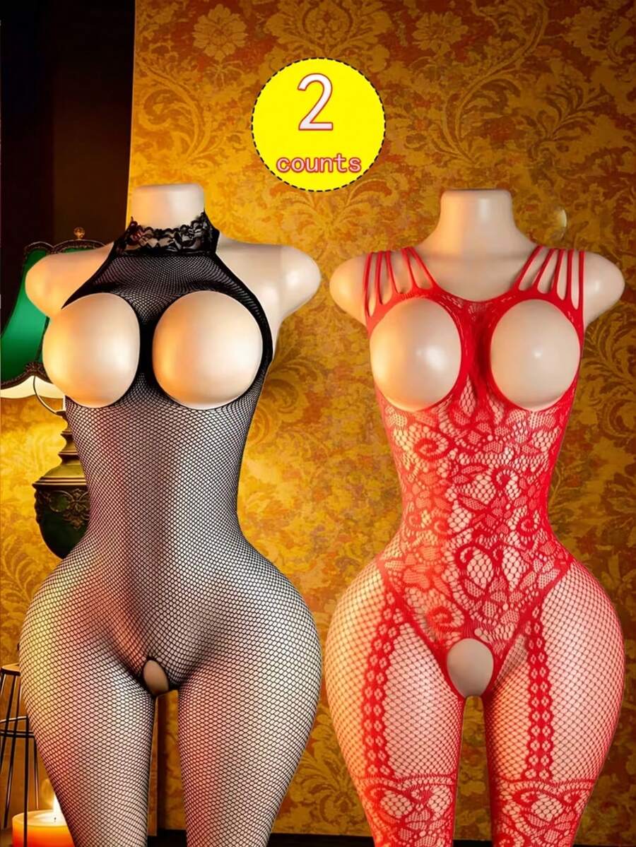 2 Sets Sexy Fishnet Bodysuit Lingerie, Hollow Out Sheer Sleeveless Mesh Teddy, Women's Sexy Lingerie And Panties, Valentine's Day New Bold Exotic Seductive Lingerie - Multicolor - View 1