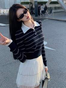 Striped Polo Collar Long Sleeve Knit Top - Navy Blue - View 2