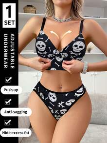 Halloween Print Design Women's Bra And Panty Set, Wireless Thin Sports Lingerie Set - Black - View 1